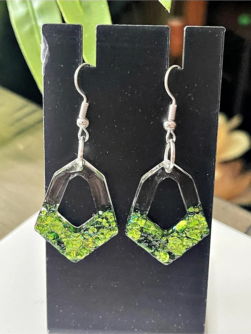 Green & Clear Geometric Dangle Earrings